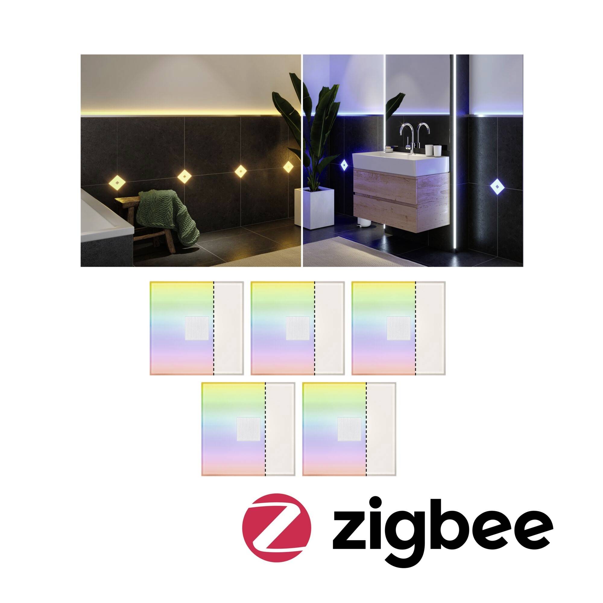 Obrázek zobrazuje moderní koupelnu s osvětlenými dlaždicemi a umyvadlem. Ve spodní části obrázku je logo 'zigbee'.