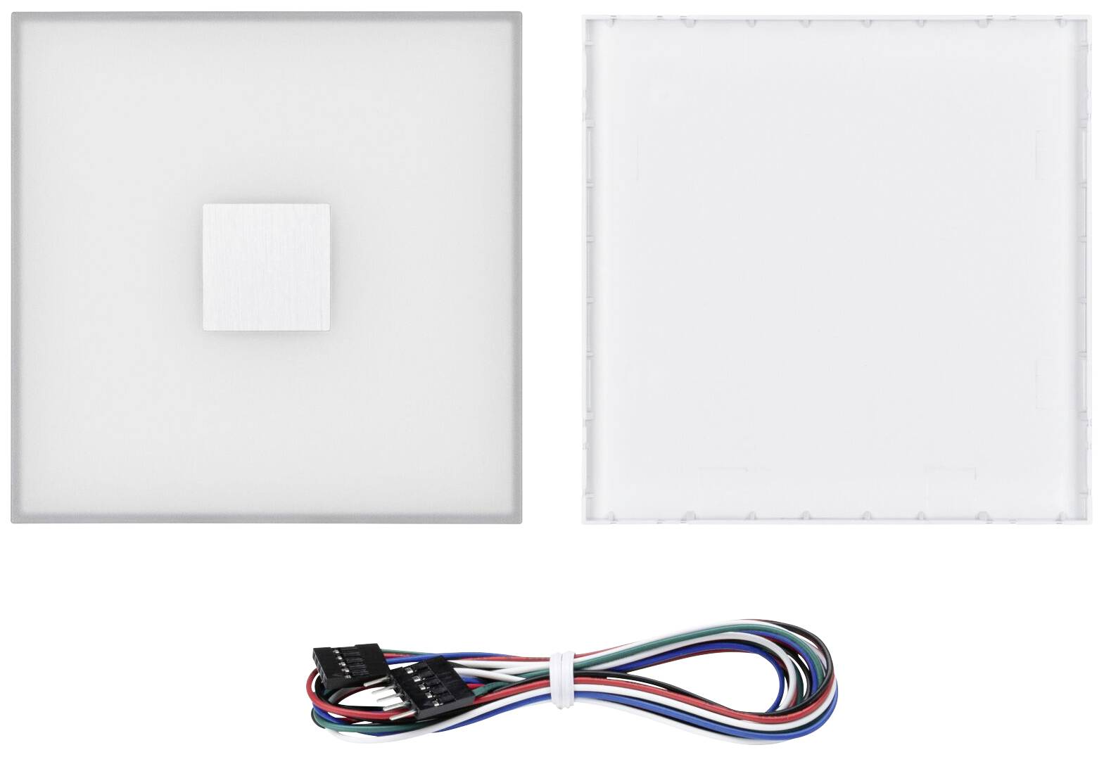 Dva čtvercové LED panely, jeden s centrálním připojením. Pod nimi vícebarevný kabel pro napájení.