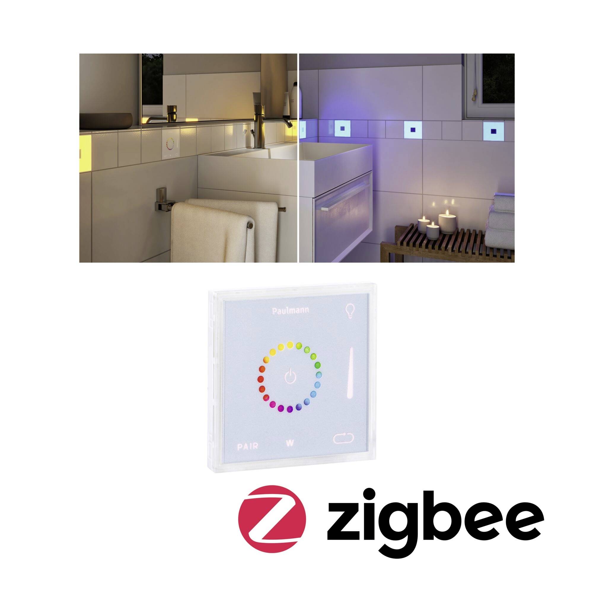 Spínač pro LED osvětlovací systémy v moderní koupelně. Zobrazuje různé barvy. Logo Zigbee v pravém dolním rohu.