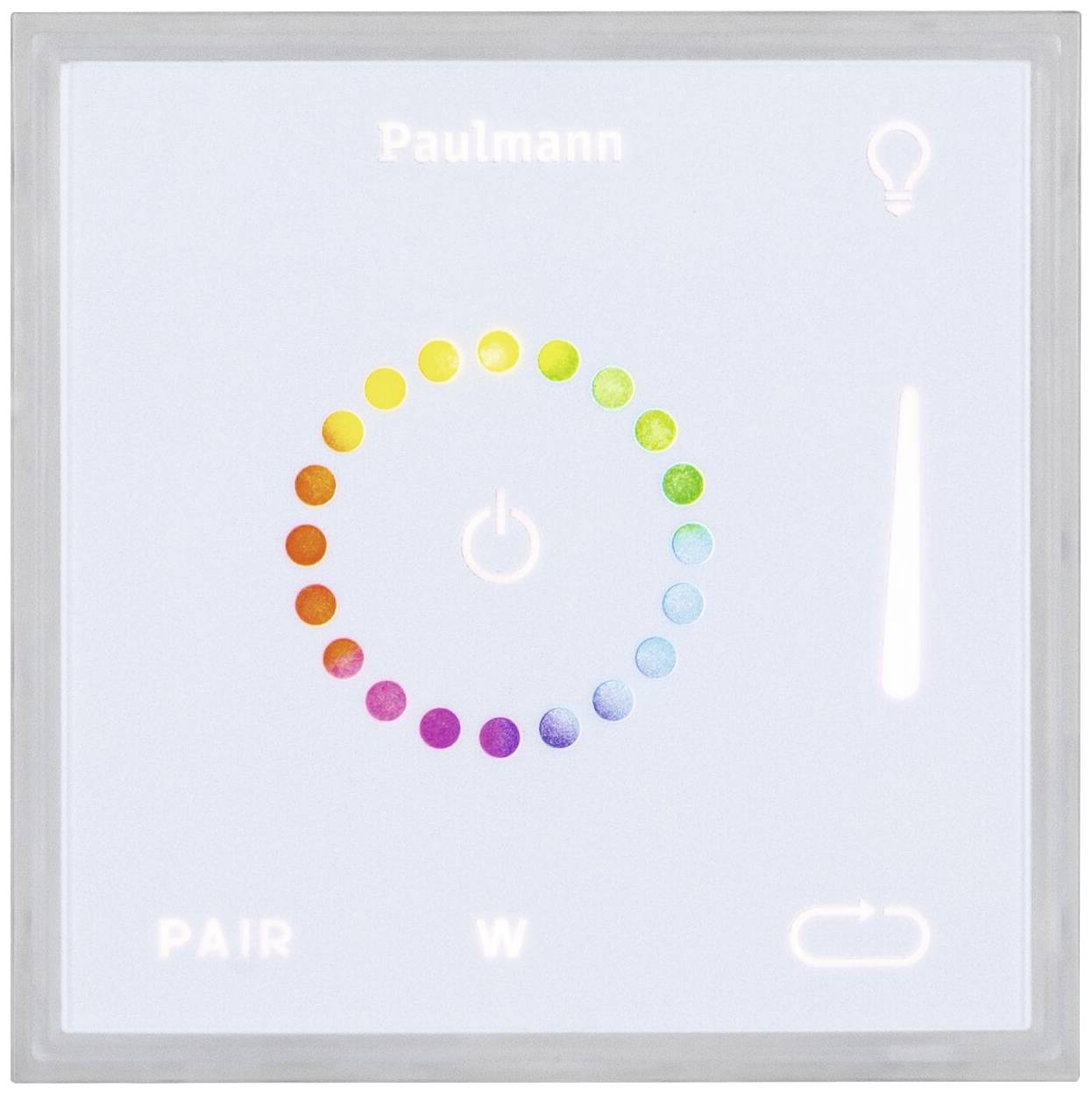 Bílý dotykový ovládací panel s barevným prstencem a světelným symbolem pro ovládání osvětlení. Označený štítky 'Paulmann', 'PAIR', 'W'; spínač zapnuto/vypnuto.