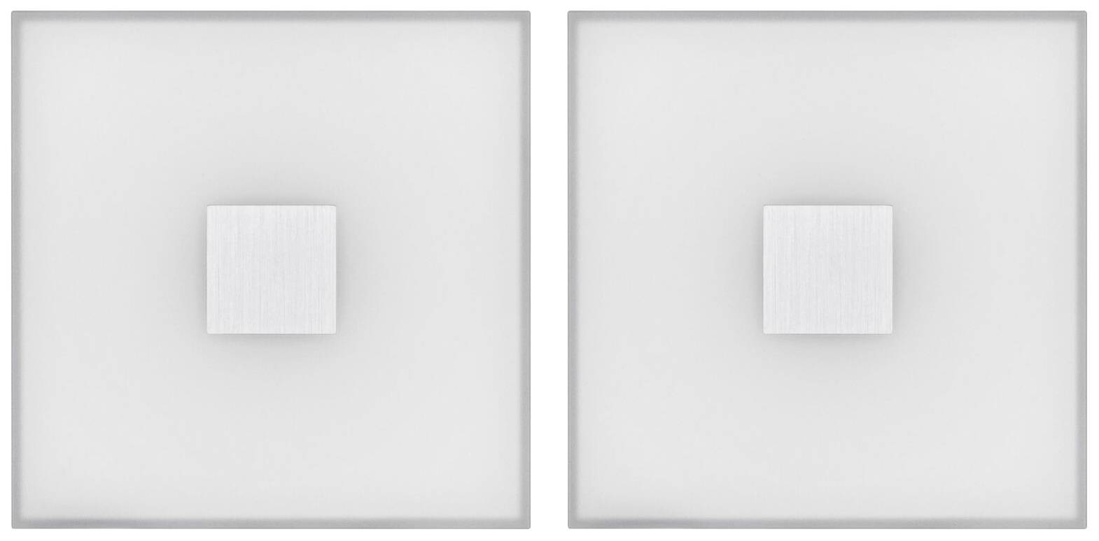 Dvě čtvercové bílé plochy s menším čtvercovým výstupkem uprostřed, navržené minimalisticky a symetricky.