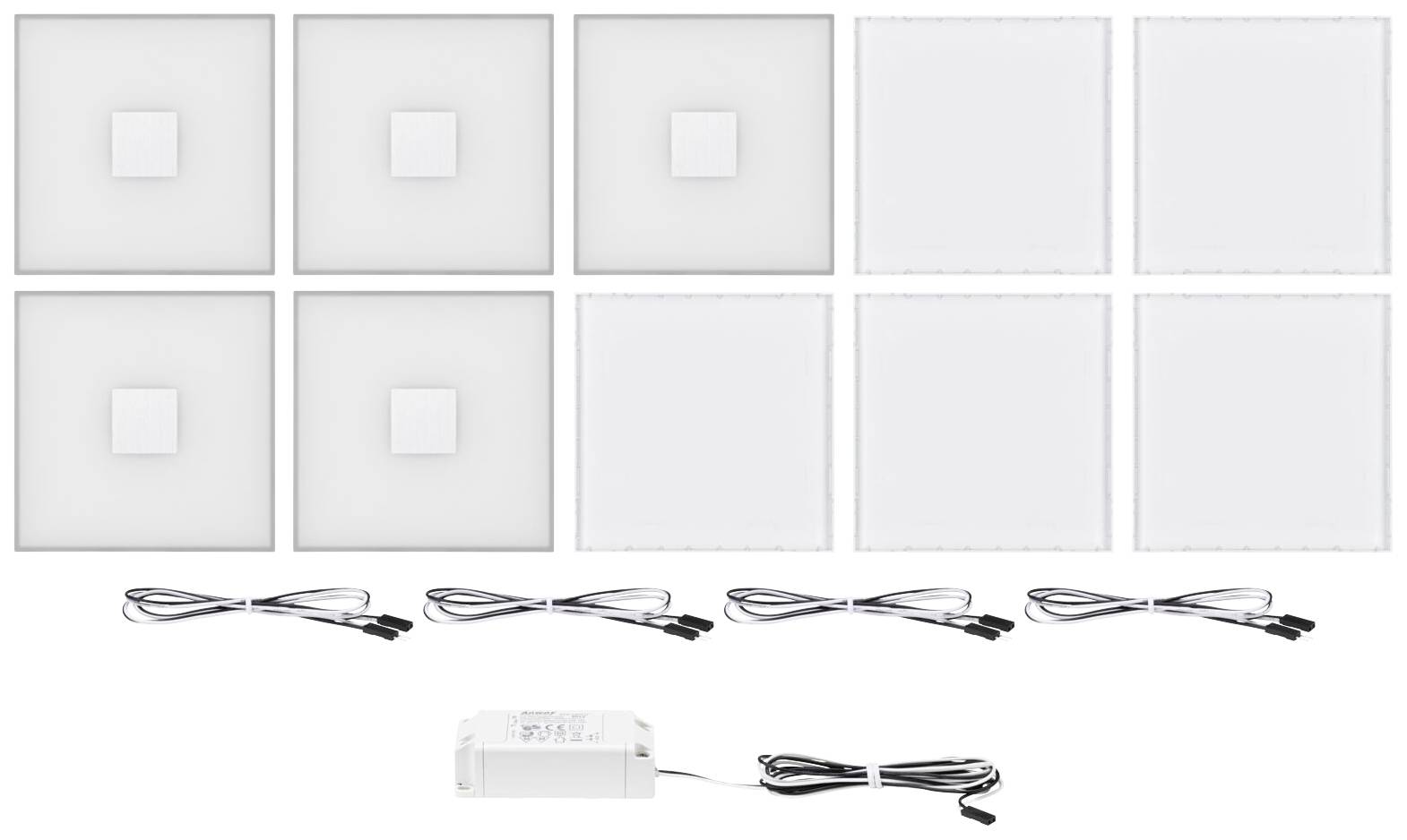 Osm čtvercových LED panelů s kabely a napájecím adaptérem. Panely jsou střídavě uspořádány ve dvou designech: některé s vnitřním čtvercem a některé bez něj.