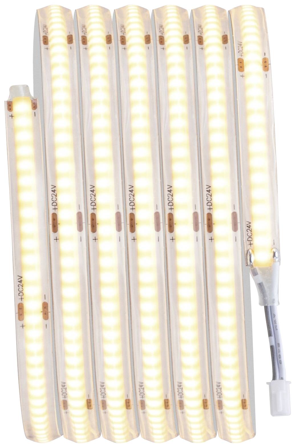 Flexibilní LED pásek v teplé bílé barvě, položený ve více vrstvách vedle sebe. Vhodný pro dekorativní osvětlení.