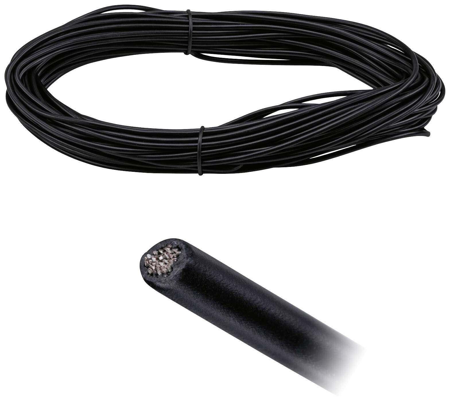 Černý kabel, navinutý, s detailním pohledem na vnitřní měděný drát. Vhodný pro elektrická spojení a instalace.