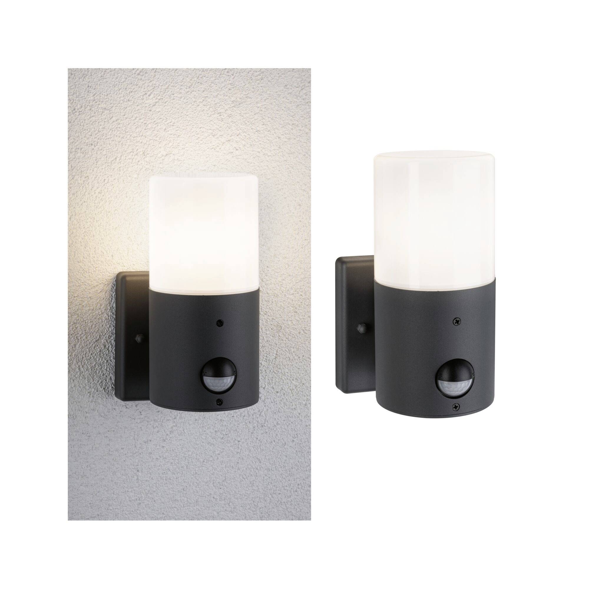 Dvě moderní nástěnné lampy v černém provedení s bílým sklem, každá namontovaná na stěně a vybavená integrovaným pohybovým senzorem.