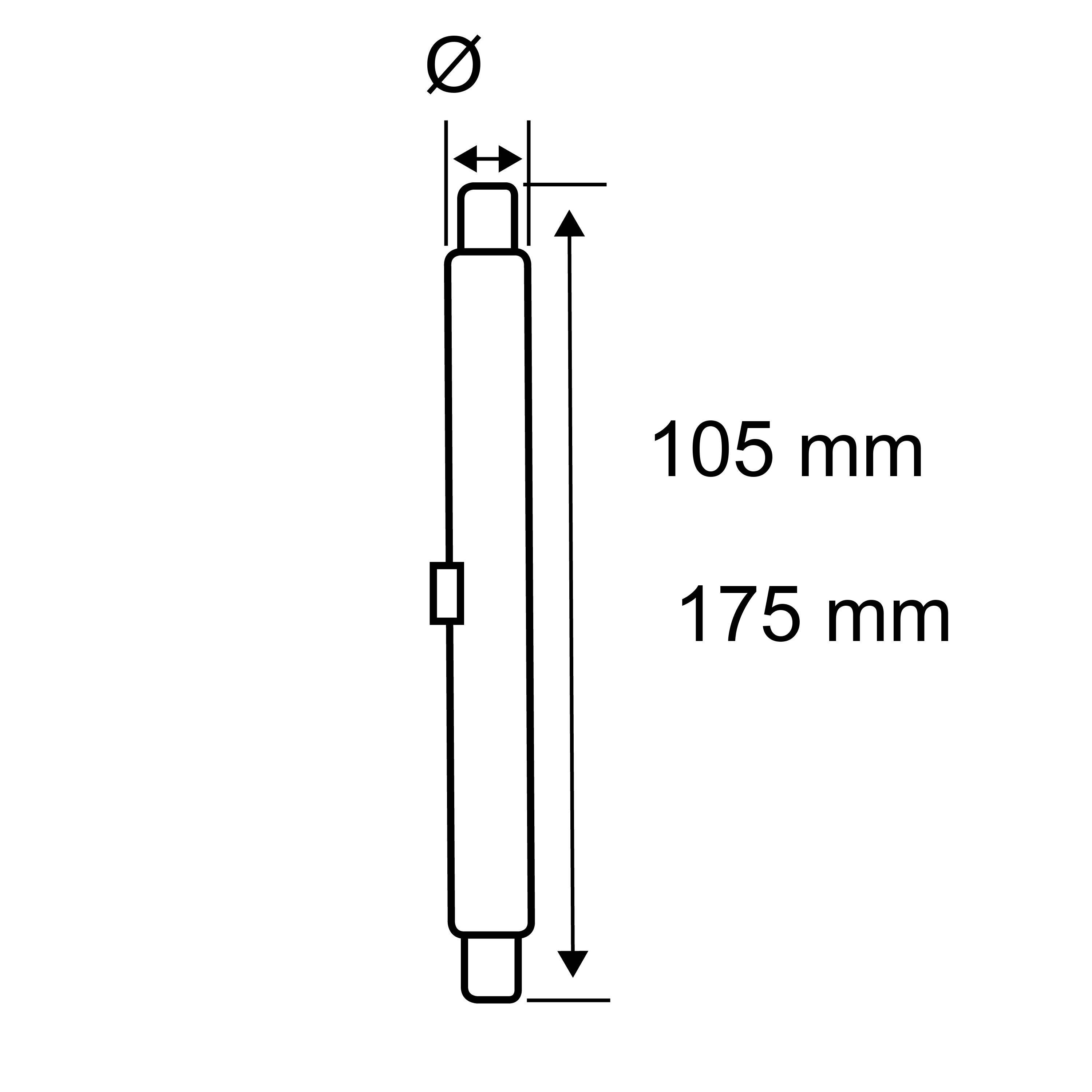Válcový objekt o průměru Ø, délce 175 mm a vyznačené sekci v 105 mm. Rozměry a šipky ilustrovány.