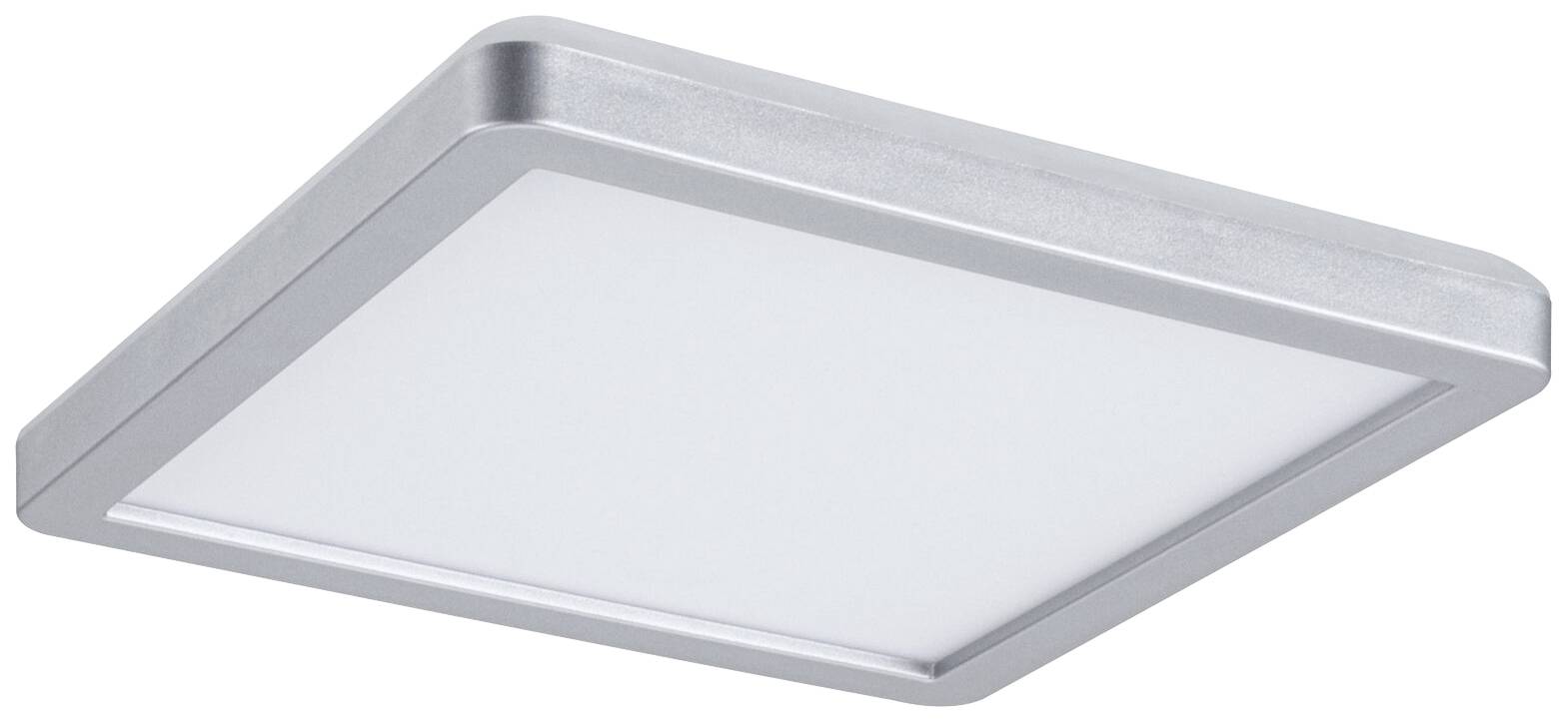 Čtvercové LED stropní svítidlo se stříbrným rámečkem.