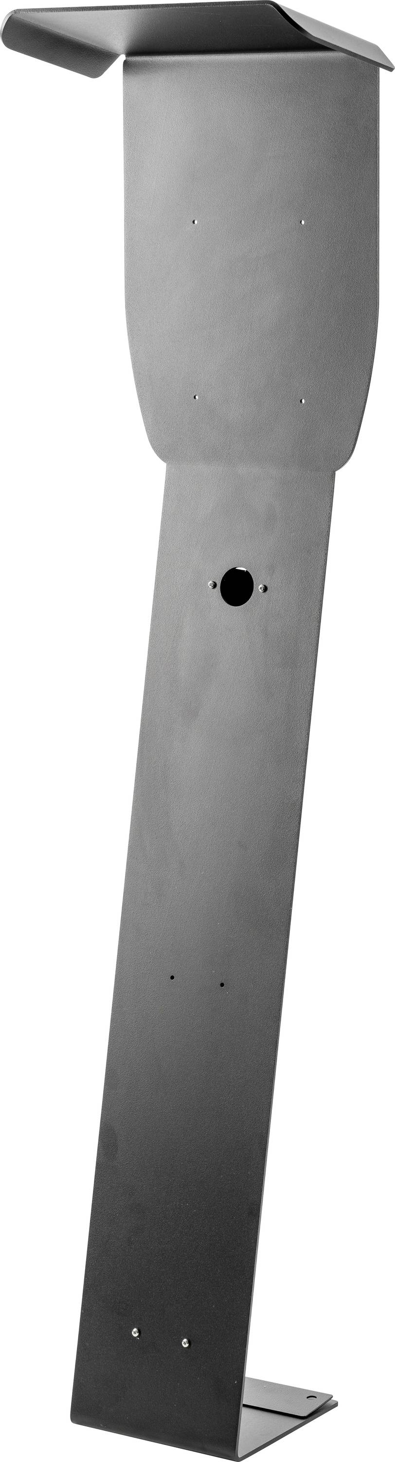 Robustní volně stojící kovový sloup určený pro upevnění zařízení, jako je například domovní videotelefon nebo poštovní schránka.