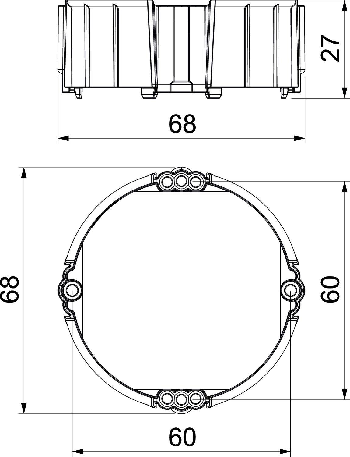 Technický výkres kulaté elektroinstalační krabice; rozměry: průměr 68 mm, hloubka 27 mm, vnitřní rozměr 60 mm.