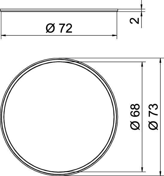 Technický výkres kruhu s rozměry: průměr 72 mm, vnitřní průměr 68 mm a výška 2 mm.