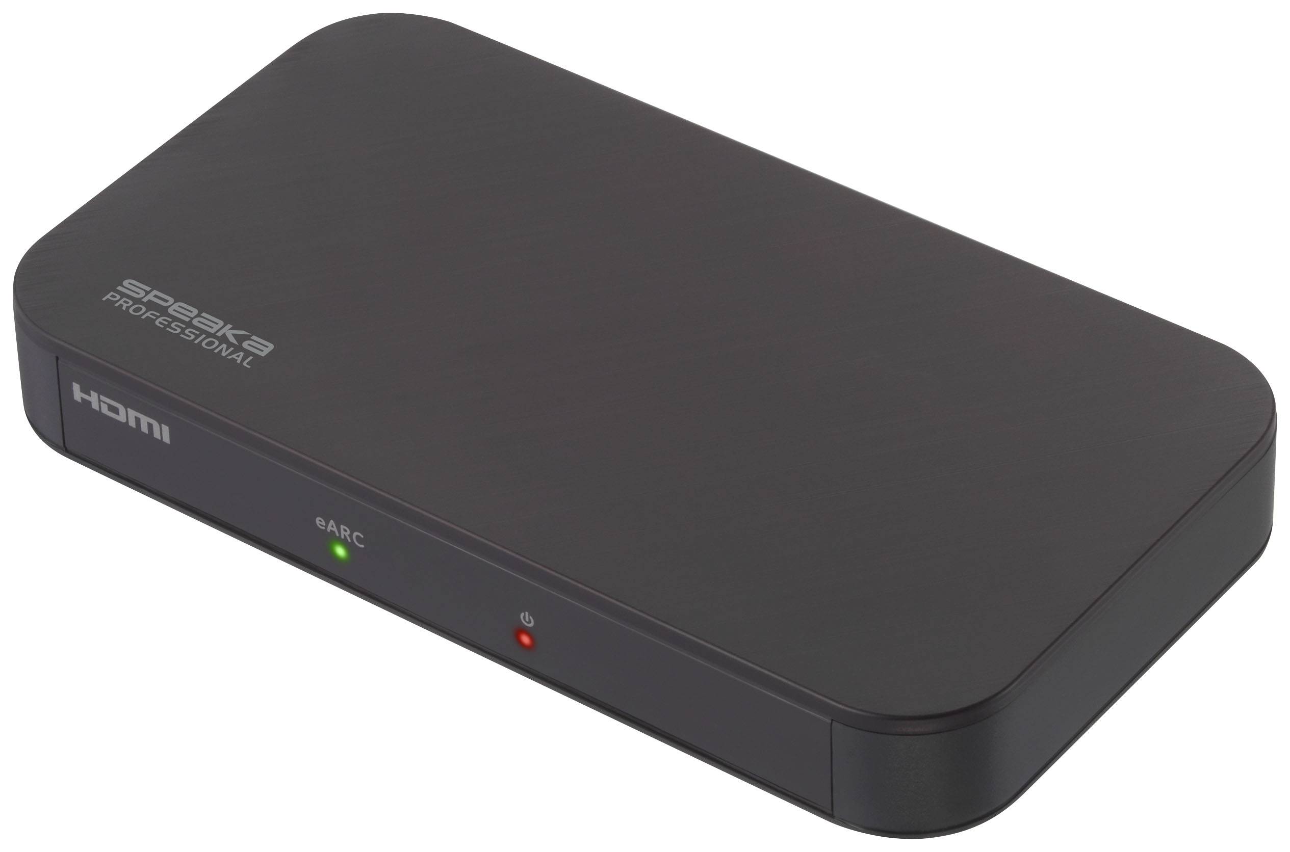 Černé zařízení HDMI switcheru s zelenými a červenými LED indikátory na přední straně. Označené jako 'Speaka Professional'.