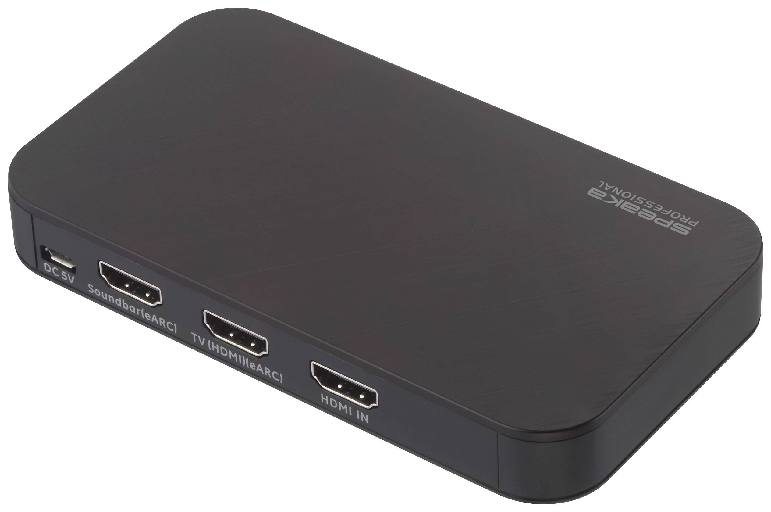 Černý HDMI rozbočovač se třemi porty, označený jako 'Soundbar (ARC)', 'TV HDMI (ARC)' a 'HDMI IN'. Ideální pro domácí filmové připojení.