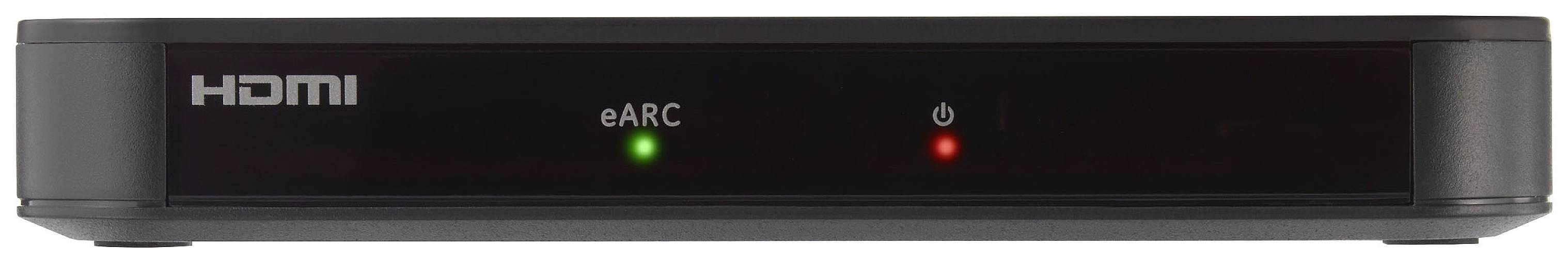 Černý HDMI přepínač se dvěma světly: zeleným eARC a červeným indikátorem napájení.