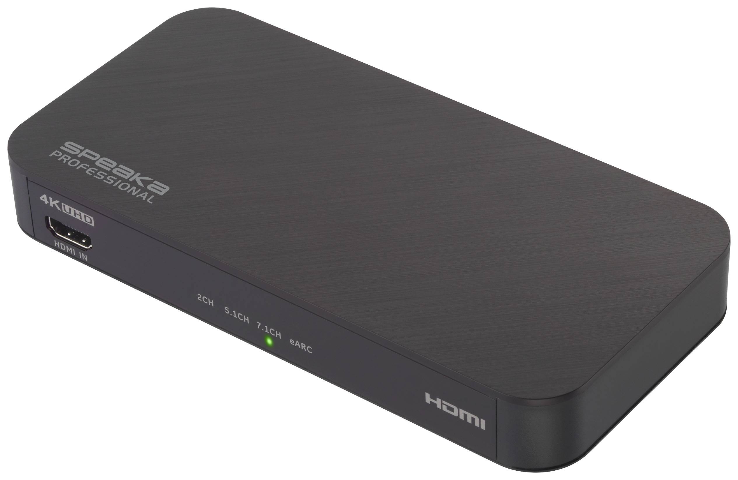 Kompaktní černý HDMI přepínač od společnosti 'SPEAKA PROFESSIONAL' s několika porty, podporující 4K UHD rozlišení.