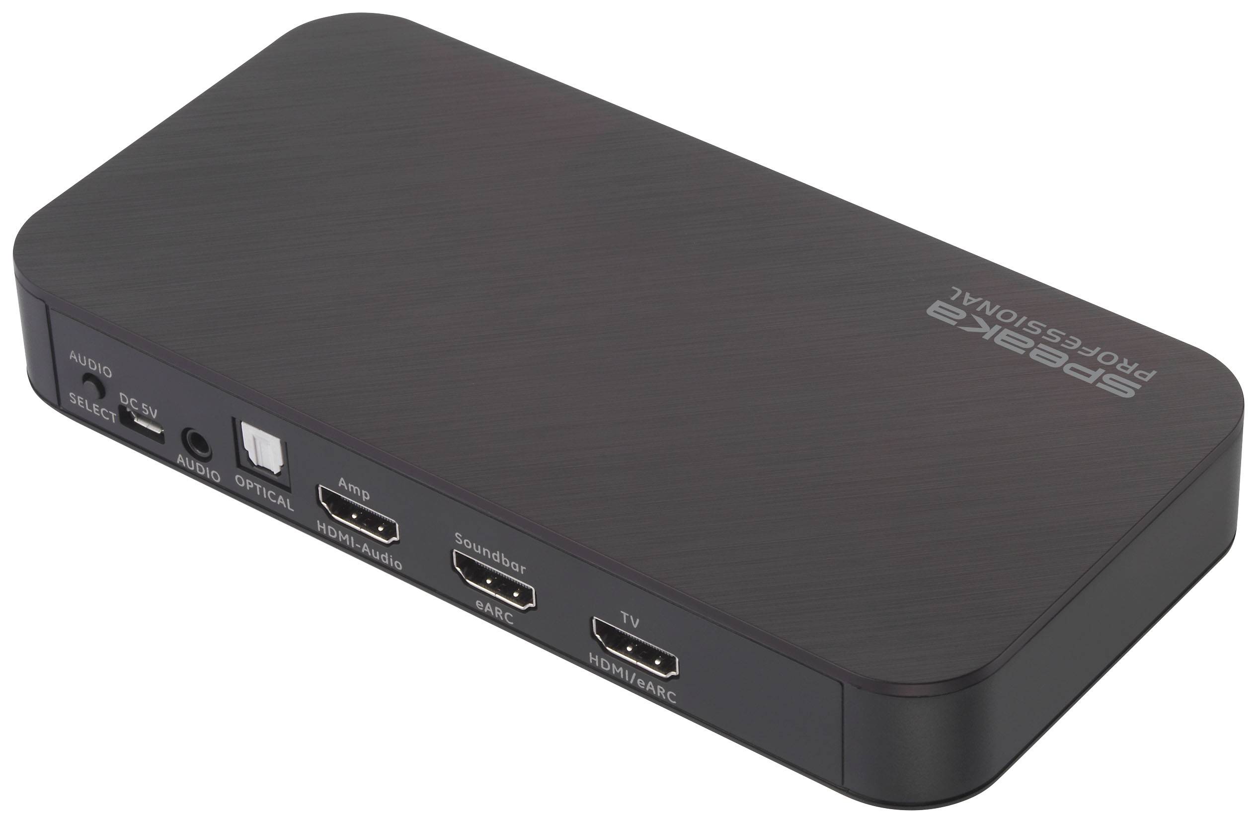 Obdélníkové elektronické zařízení s přípojkami pro HDMI a optický audio vstup a také zdířkou pro napájení.