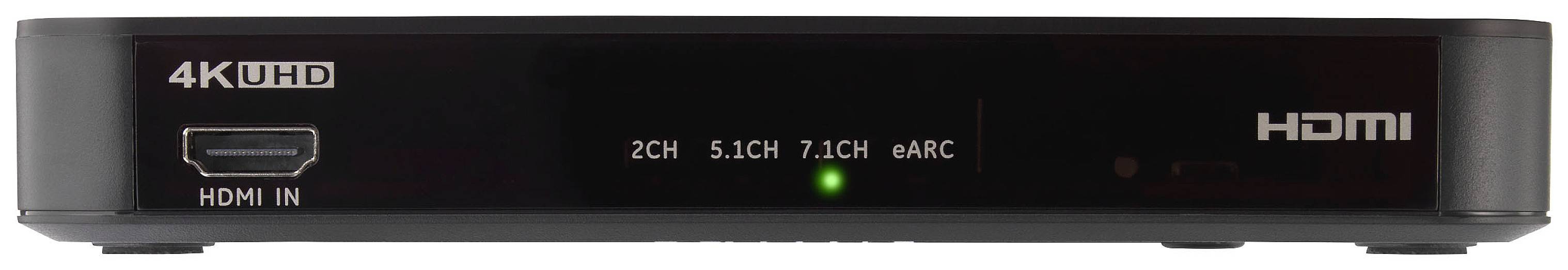 Černý HDMI rozbočovač s označením '4K UHD' a 'HDMI', zobrazující LED indikátory zvukových kanálů jako 2CH, 5.1CH, 7.1CH a ARC.