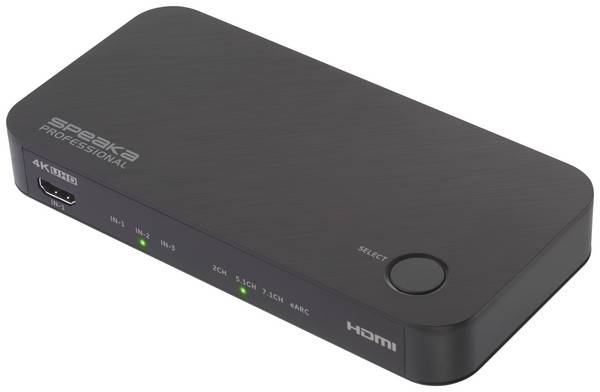 <br>  SpeaKa Professional<br>  TV, přijímač, audio<br>  extraktor<br>  SP-HDA-510<br>  [HDMI - HDMI]<br>  3840 x 2160 Pixel<br>  eARC, S/PDIF- + analog výstup, integrovaný 3portový HDMI přepínač<br>
