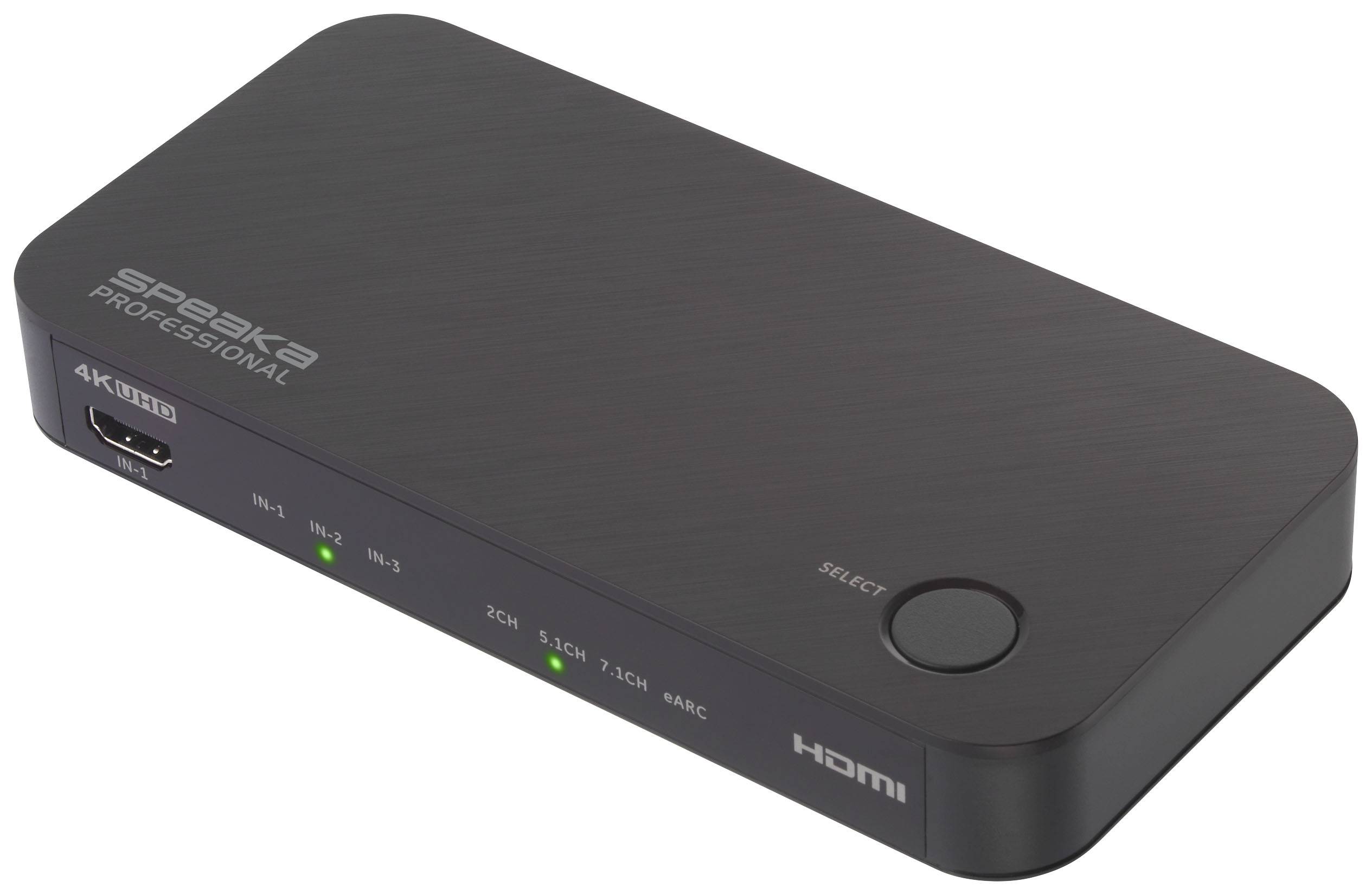 Černý HDMI přepínač značky s několika vstupy a velkým tlačítkem vpravo pro výběr. LED diody signalizují aktivní vstup.