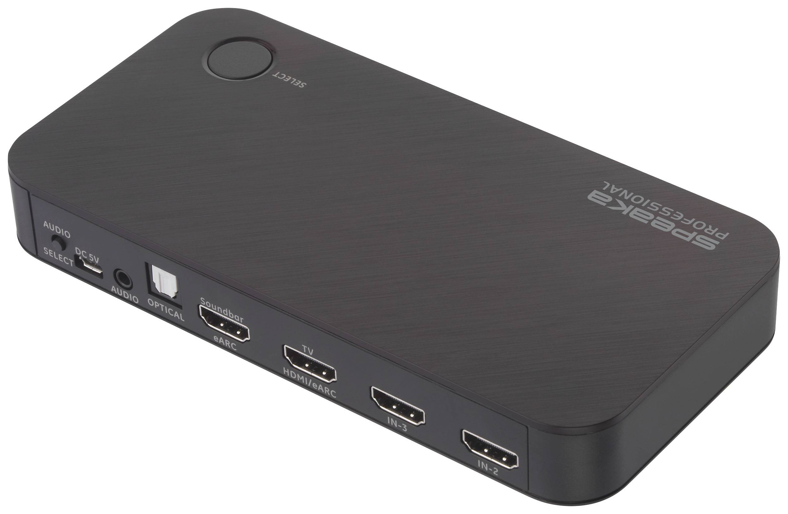Černý HDMI přepínač s popisy 'Speaker Professional' a 'Select', třemi HDMI vstupy, optickým a audio výstupem.