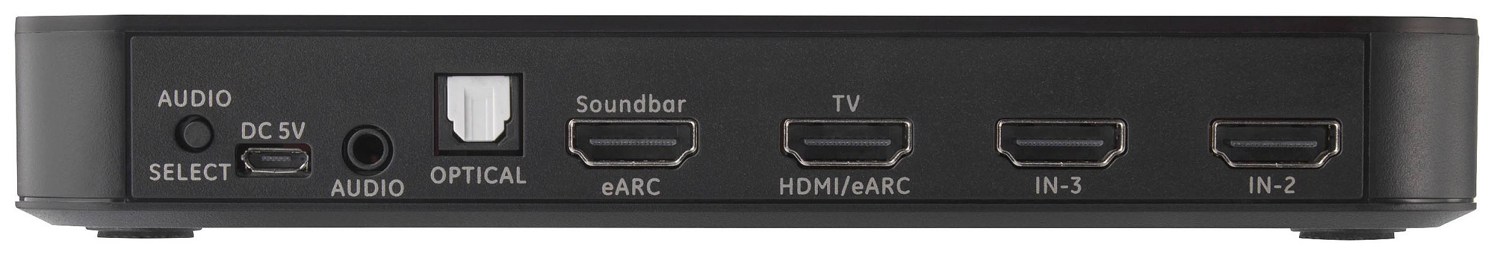 Zadní strana elektronického zařízení s přípojkami: AUDIO, DC 5V, OPTICAL, eARC, HDMI/ARC, IN-3, IN-2. Audiovýstup a optický vstup jsou viditelné.