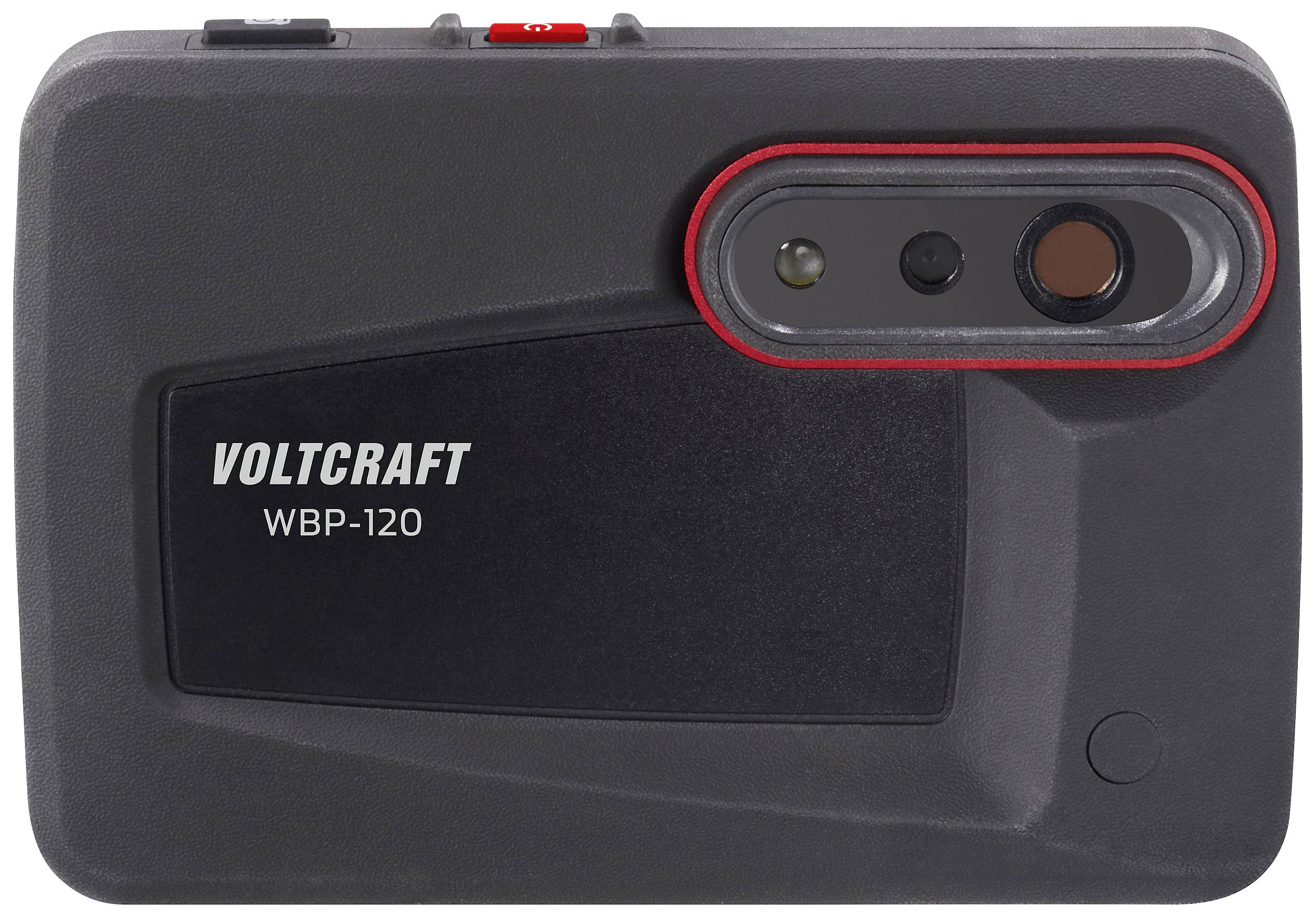 Přenosná kamera Voltcraft WBP-120 v černém pouzdře, se dvěma objektivy a LED světlem, zachycená pohled zepředu.