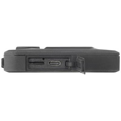 Detailní záběr elektronického zařízení s otevřeným krytem odhaluje slot na SD kartu a port USB-C.