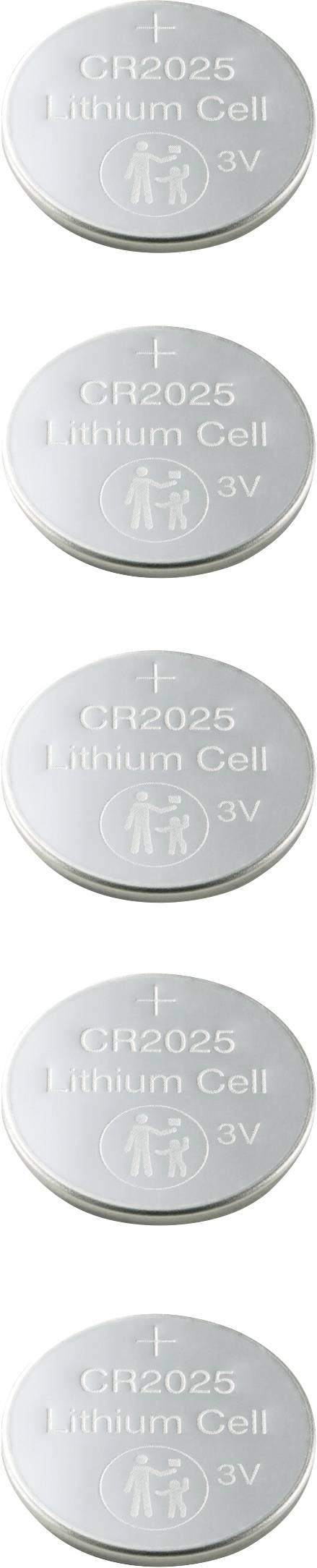 Pět stříbrných knoflíkových baterií, každá s nápisem 'CR2025 Lithium Cell 3V', naskládaných přes sebe.