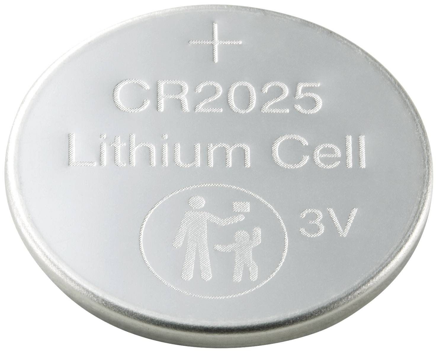 Stříbrná lithiová knoflíková baterie s gravírováním 'CR2025 Lithium Cell 3V' a symbolem dospělého s dítětem.