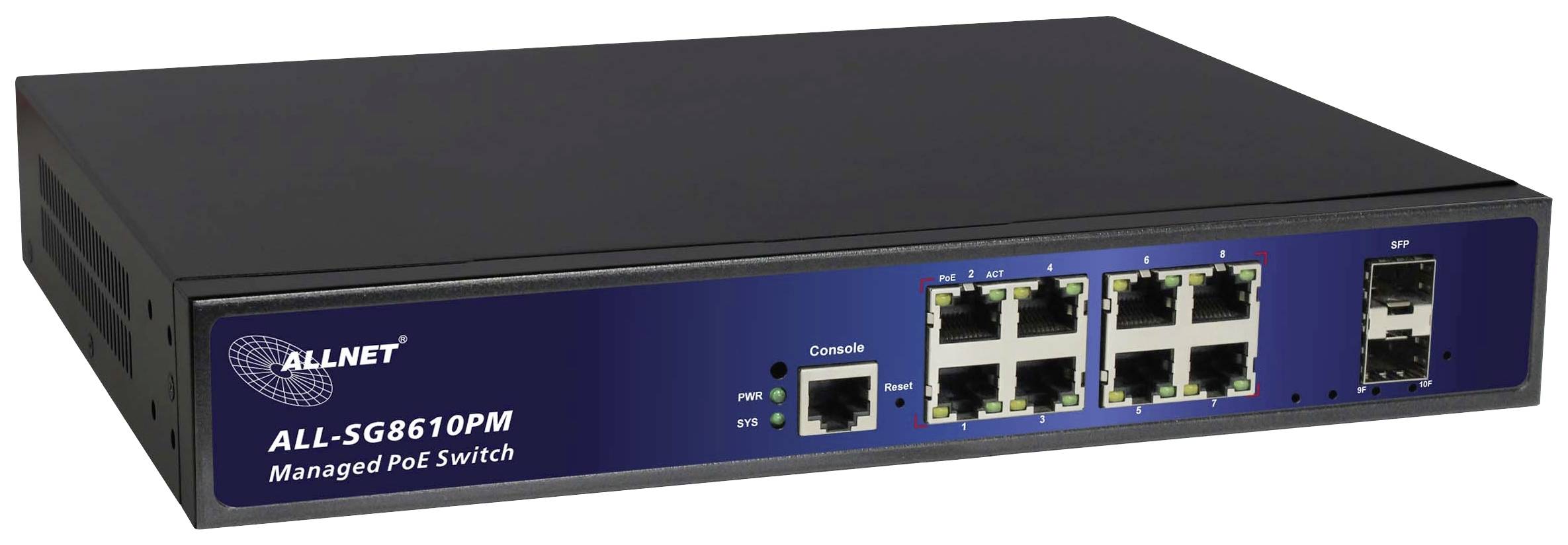 Síťový switch 'ALL-SG8610PM' s osmi ethernetovými porty a dvěma SFP porty, v modrém provedení s logem výrobce.