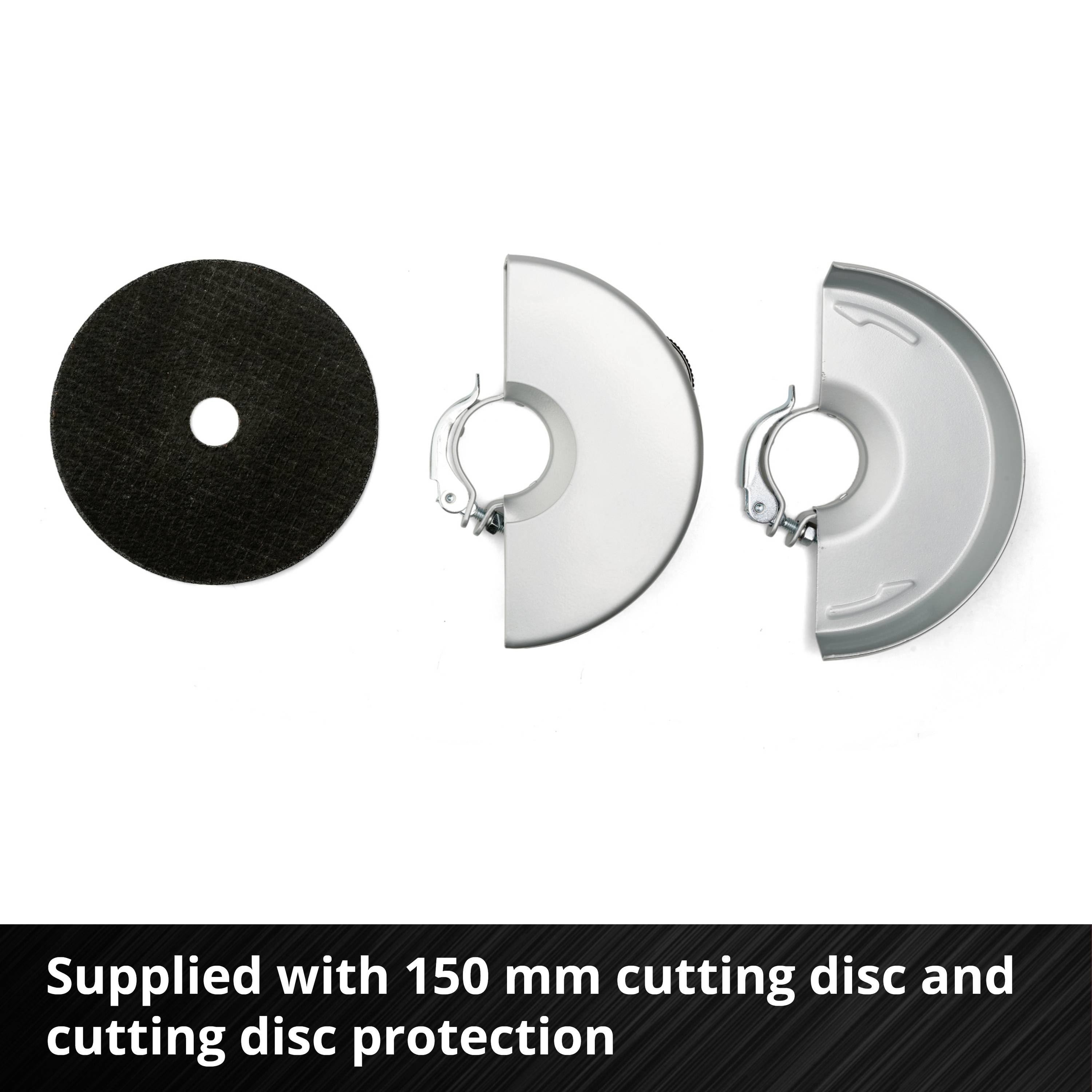 Řezný kotouč Einhell 150 mm s ochranným štítem; zobrazení produktu se dvěma ochrannými kryty a jedním kotoučem, upozornění na obsah balení včetně ochranného štítu a kotouče.