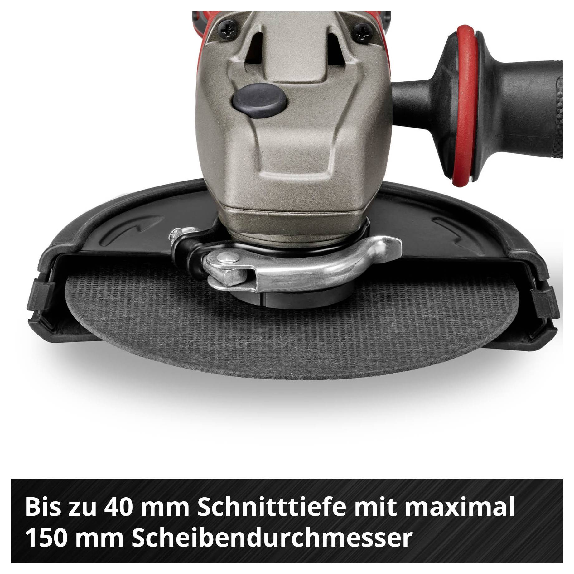 Úhlová bruska s řezným kotoučem; text uvádí hloubku řezu až 40 mm při maximálním průměru kotouče 150 mm.