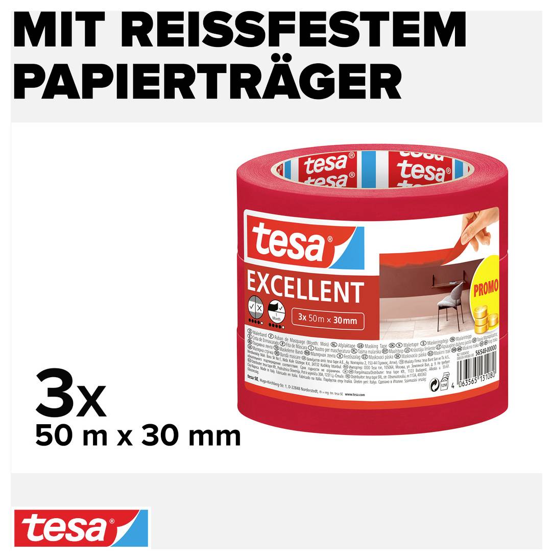 Červený tesařský váleček s nápisem 'VÝBORNÝ', pod ním nápis '3x 50 m x 30 mm', vedle něj bílým písmem napsáno 'S TRHUVZDORNÝM PAPÍROVÝM NOSIČEM'