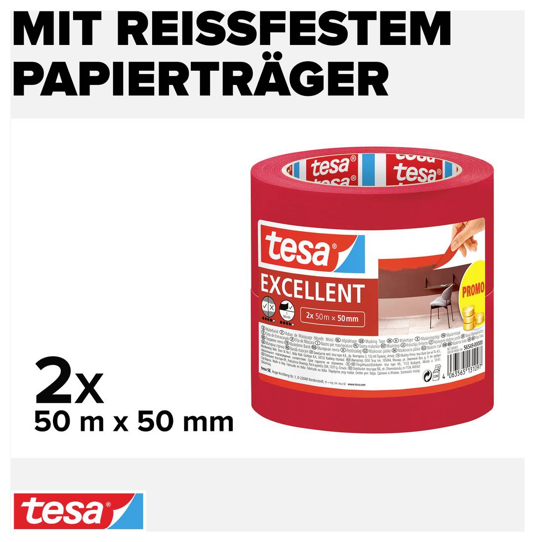 S odolným papírovým nosičem' zobrazuje dvě role červené lepicí pásky. Hlavní text: 'tesa Excellent, 2x 50 m x 50 mm, Promo'.