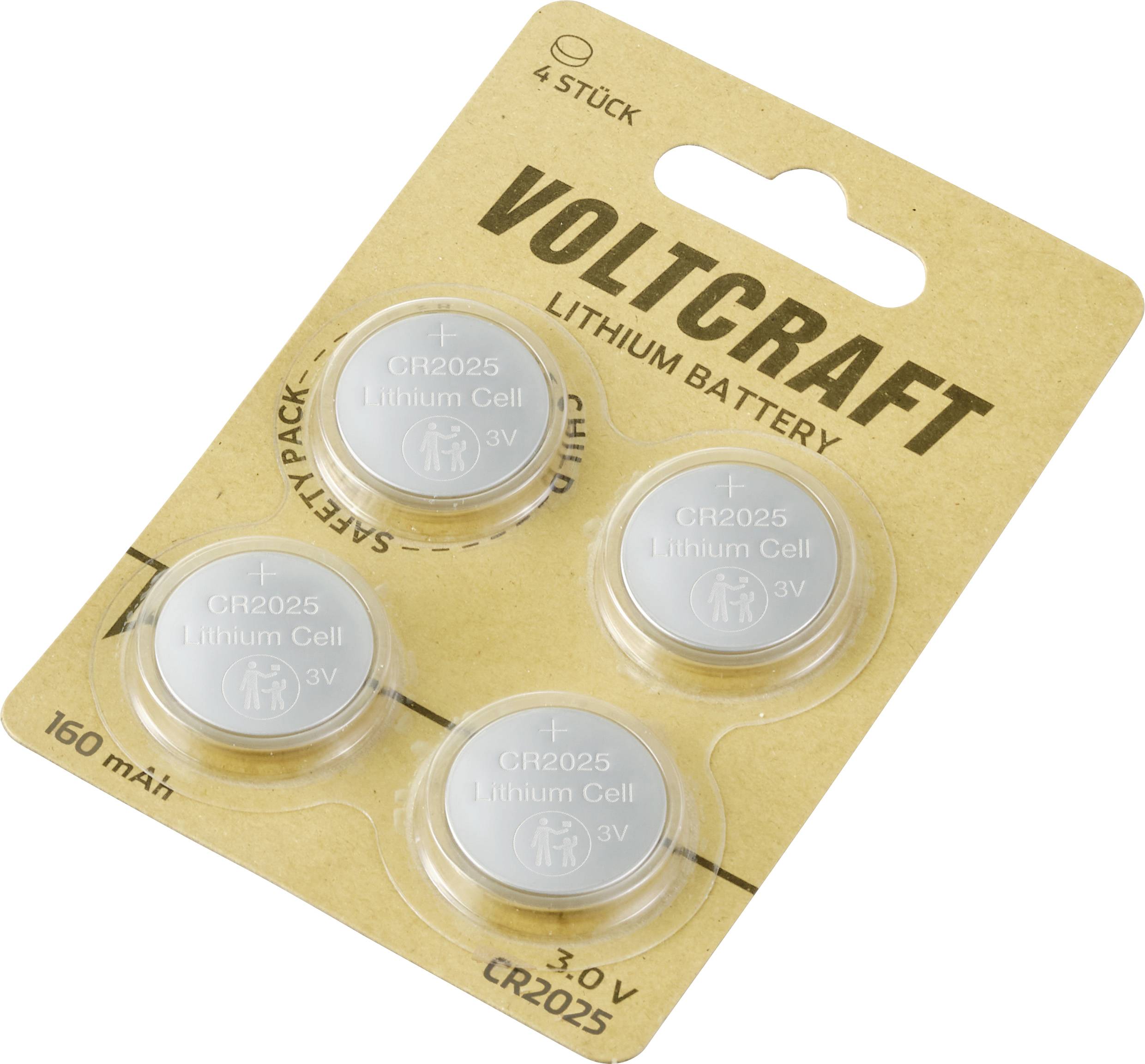 Čtyřpack lithiových baterií Voltcraft CR2025, každá o napětí 3V a kapacitě 160mAh, umístěných v kruhových přihrádkách na kartónovém podkladu označeném „SAFETY PACK".