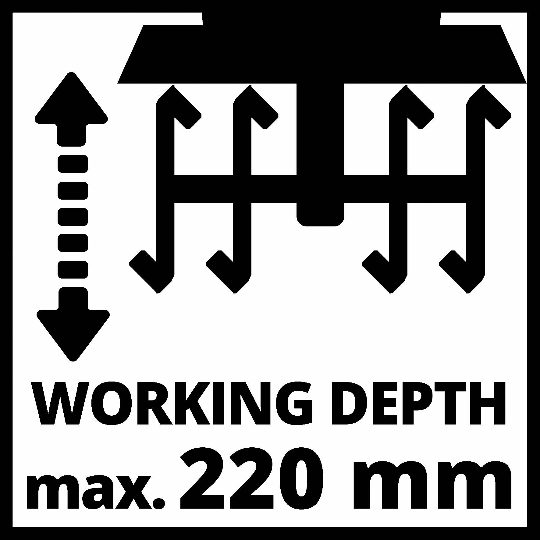 Černobílá grafika zemědělského zařízení. Pod ní text: 'PRACOVNÍ HLOUBKA max. 220 mm'.