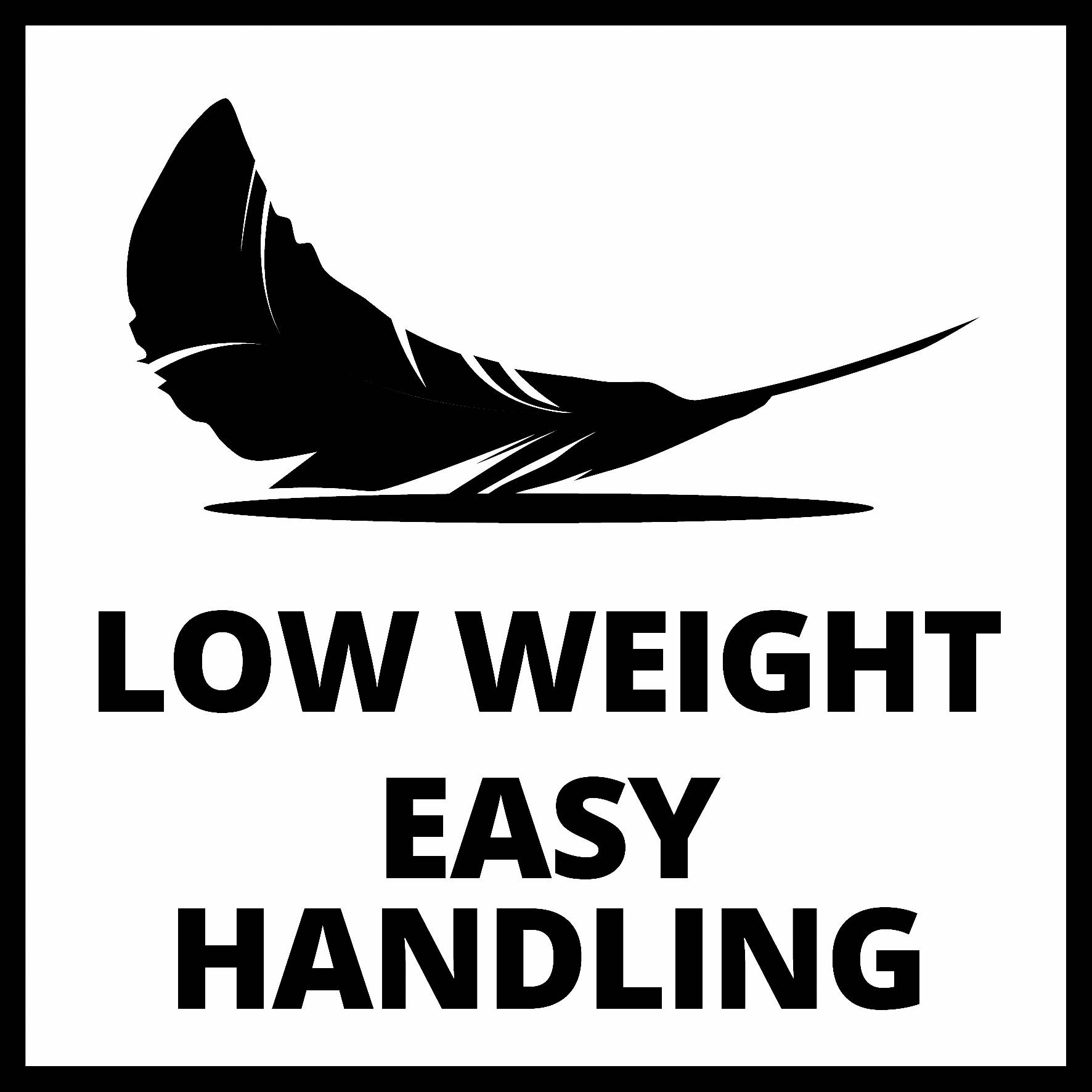 Černý siluetový obrys pera nad textem: Low Weight Easy Handling. Symbolizuje lehkost a snadnou manipulaci.
