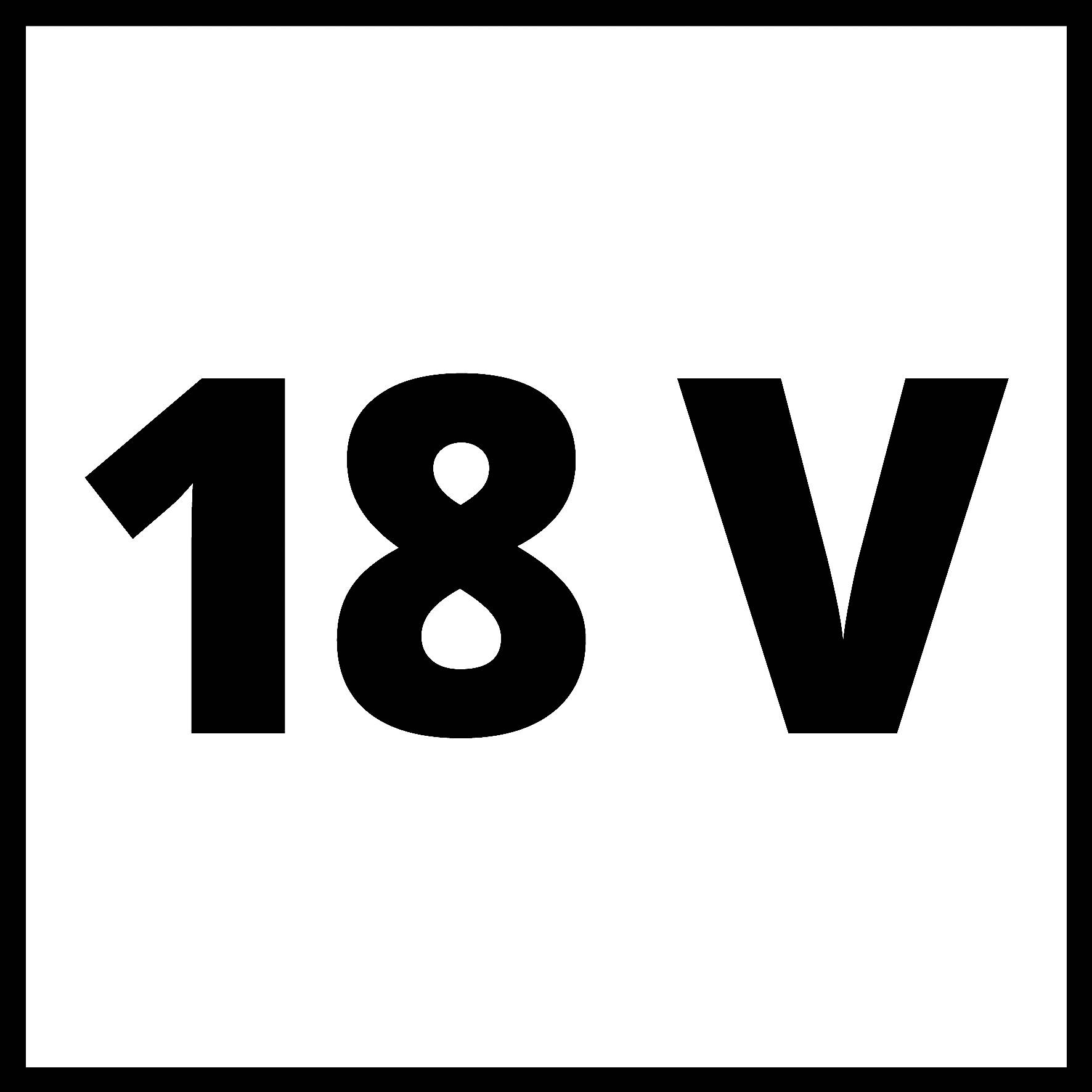 '18 V' černým písmem na bílém pozadí.