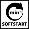 Obrázek zobrazuje kruhový symbol s textem 'min⁻¹' uvnitř a šipkou, pod nímž je umístěno slovo 'SOFTSTART'.