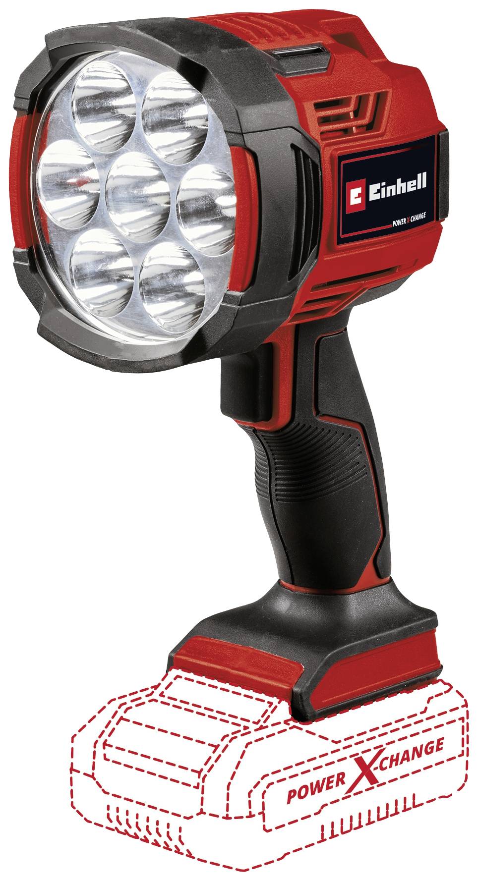 'Einhell akumulátorová lampa', červeno-černá, se sedmi kulatými světly vpředu. Stojící na podstavci akumulátorového bloku. Model pro řemeslníky.