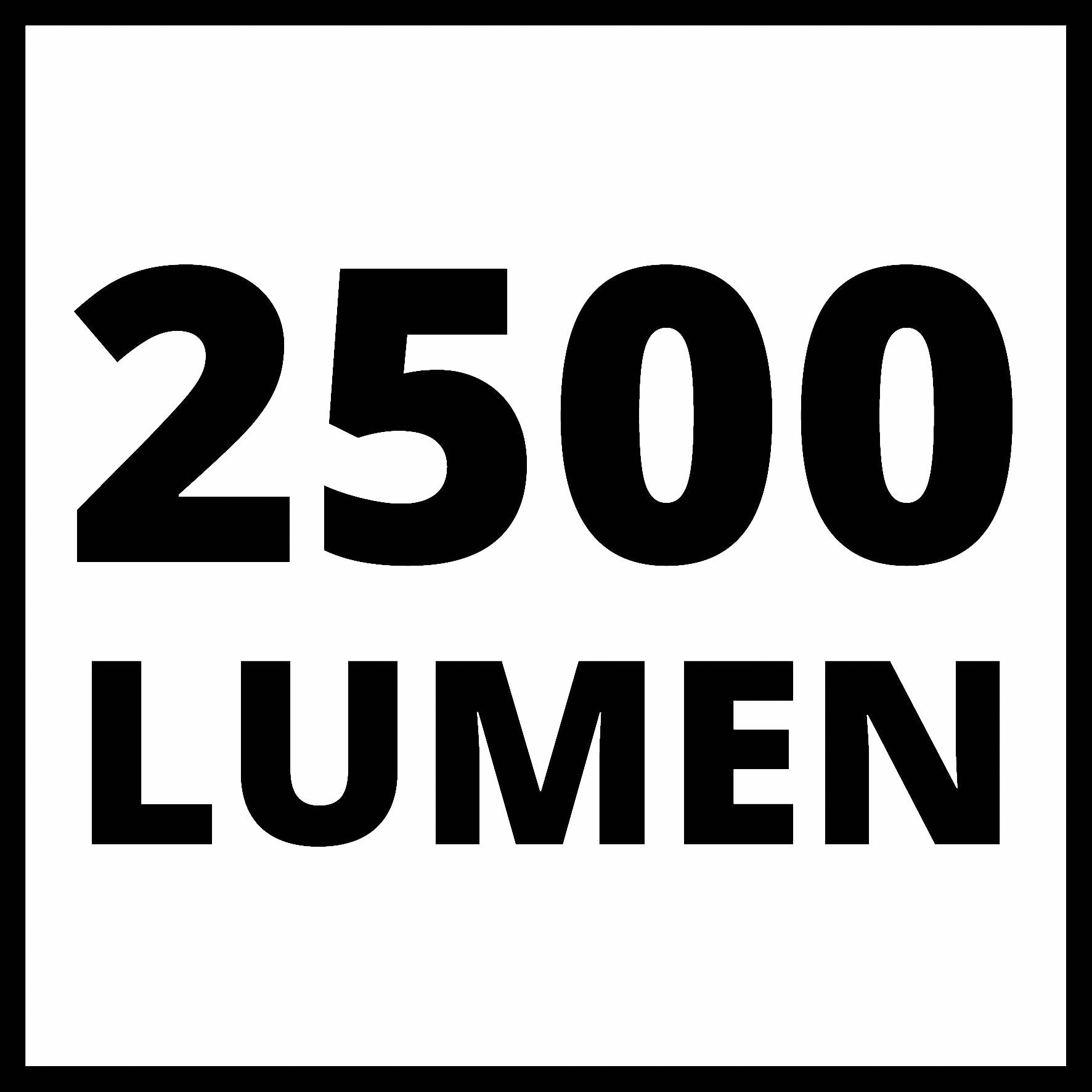 "2500 lumenů" černým textem na bílém pozadí.