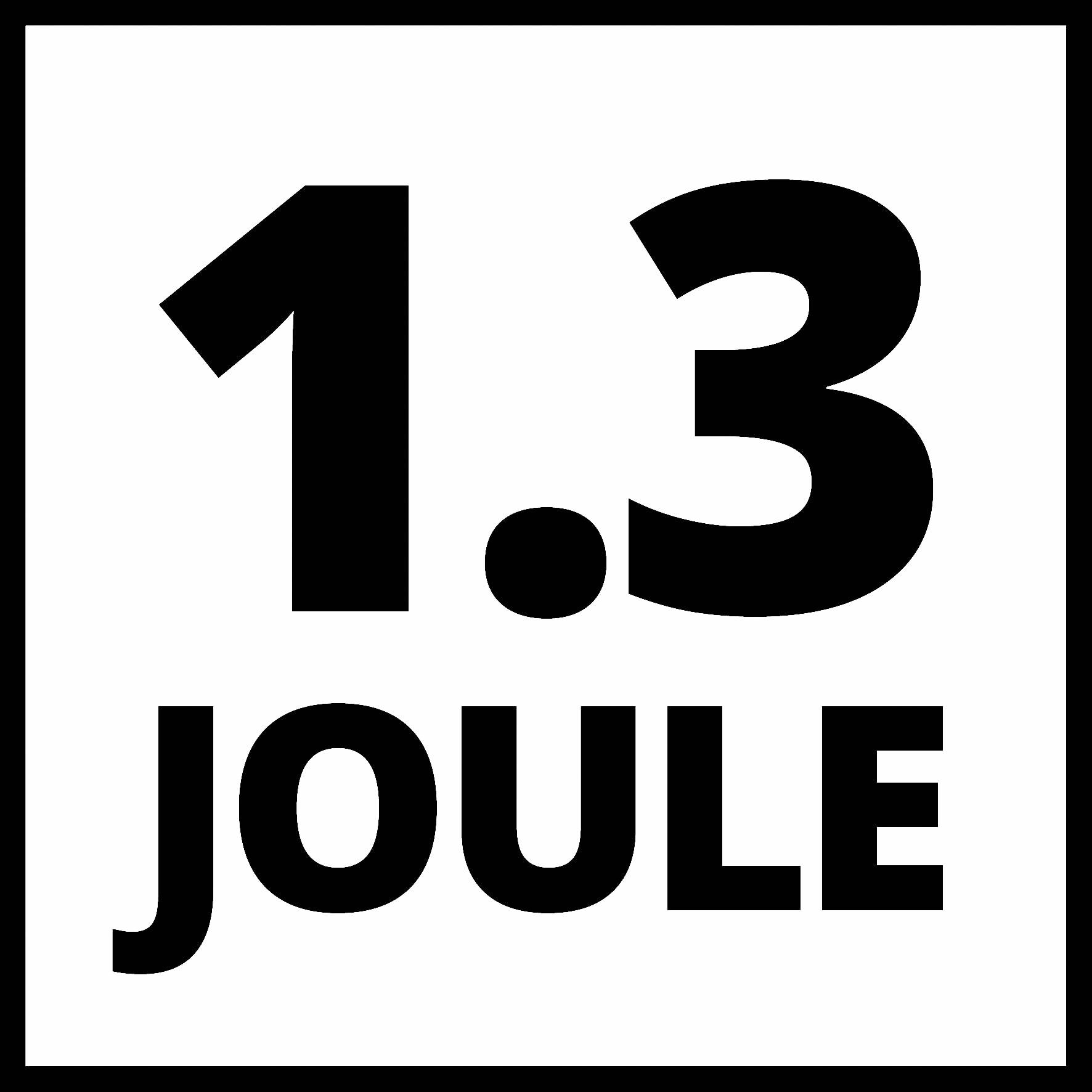 Na bílém pozadí je velkými černými písmeny napsáno '1,3 JOULE'.