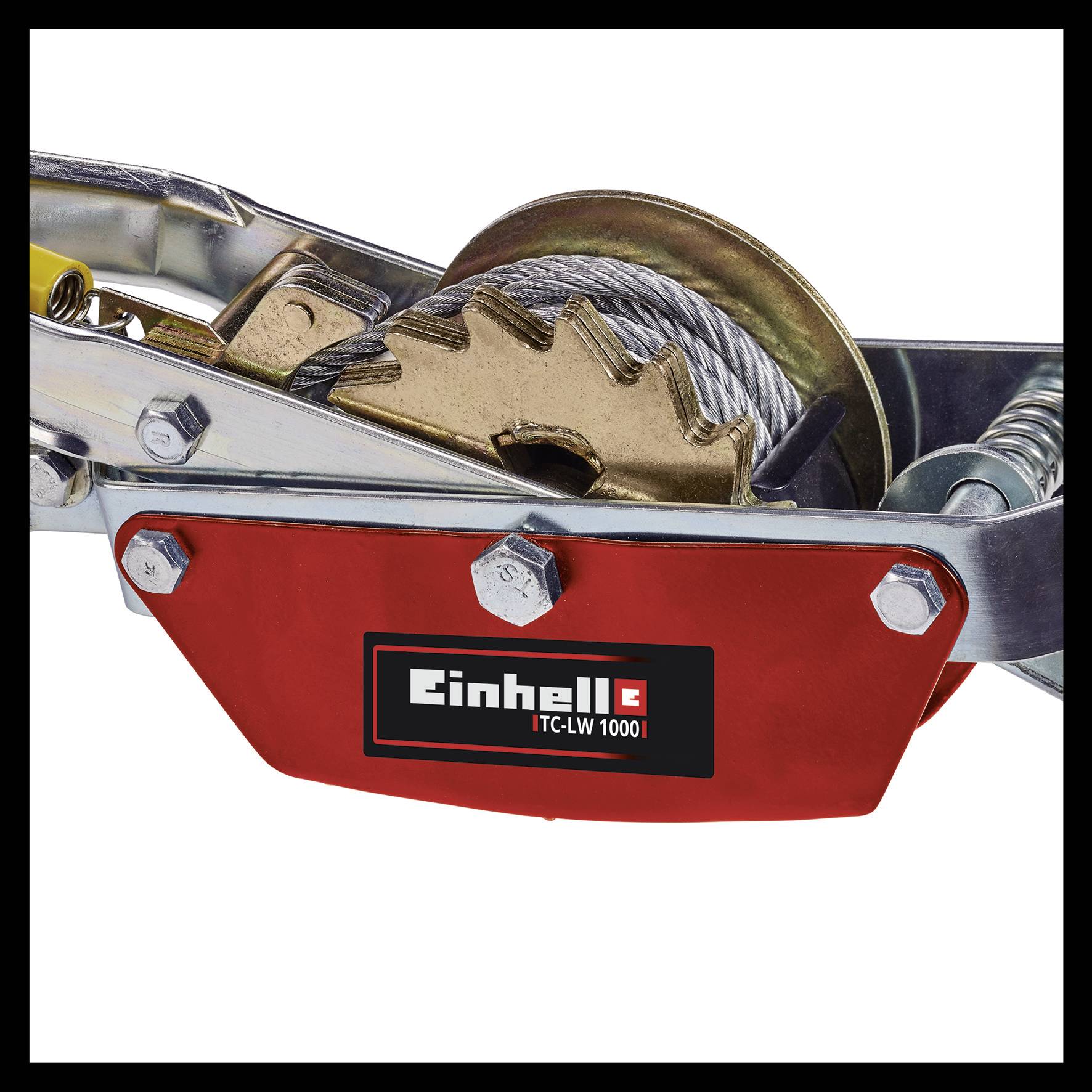 Einhell TC-LW 1000: Lanový kladkostroj s rohatkou a ocelovým lanem, vhodný pro zvedání těžkých břemen, robustní design.