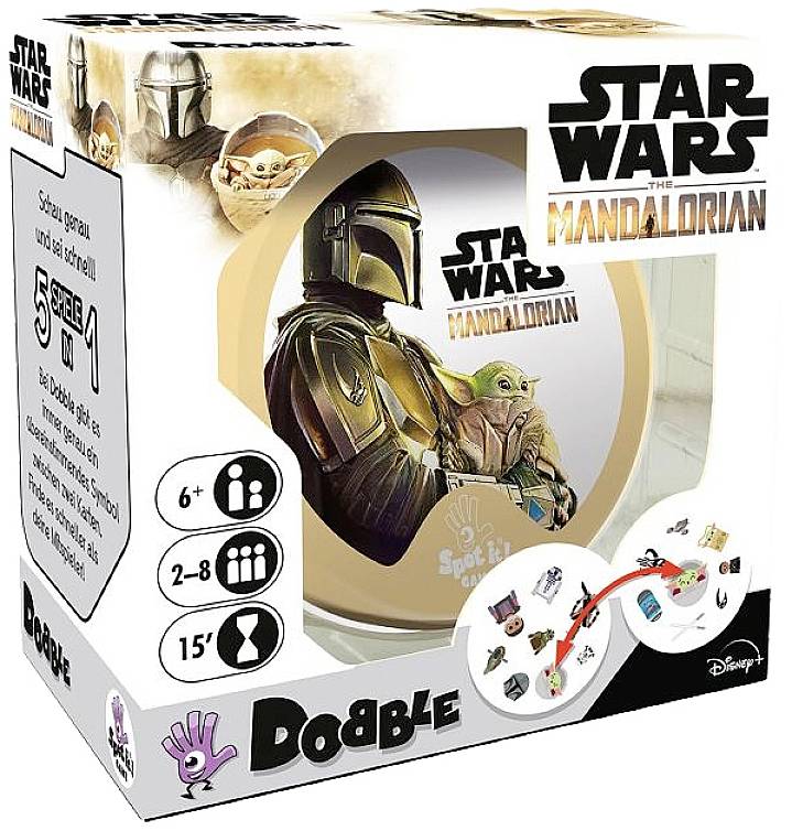Desková hra 'Dobble' s motivem Star Wars: Mandalorian. Zobrazuje mandaloriána a zelené stvoření. Pro 2-8 hráčů, od 6 let, 15 minut.