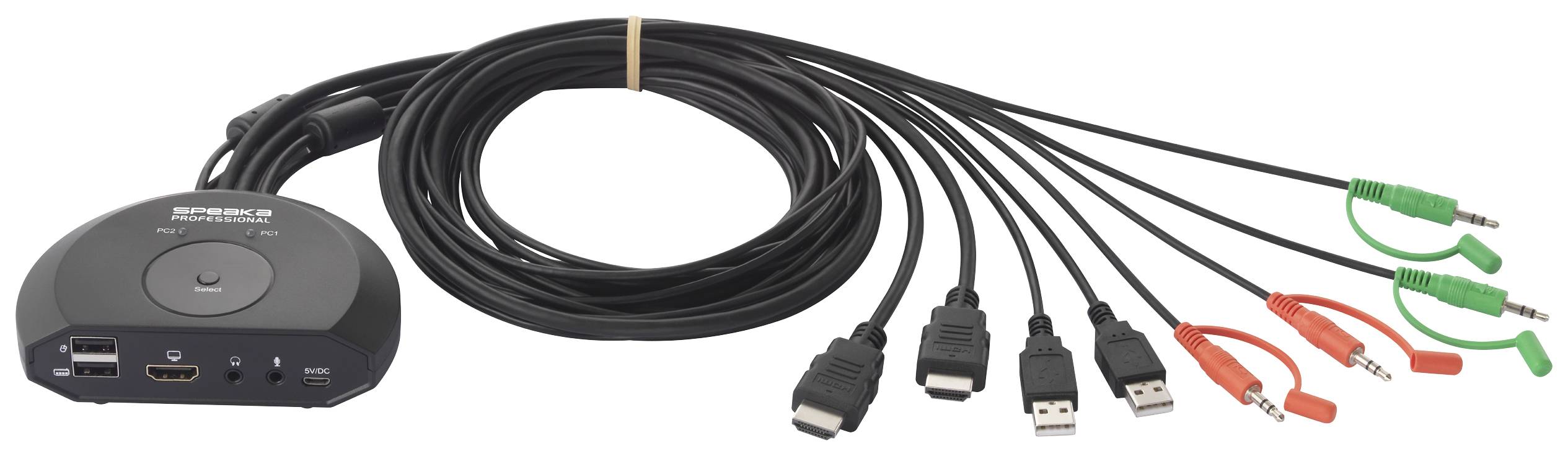 Adaptér s několika kabelovými konektory, včetně HDMI, USB a audia, s kulatou řídicí jednotkou pro propojení několika zařízení.