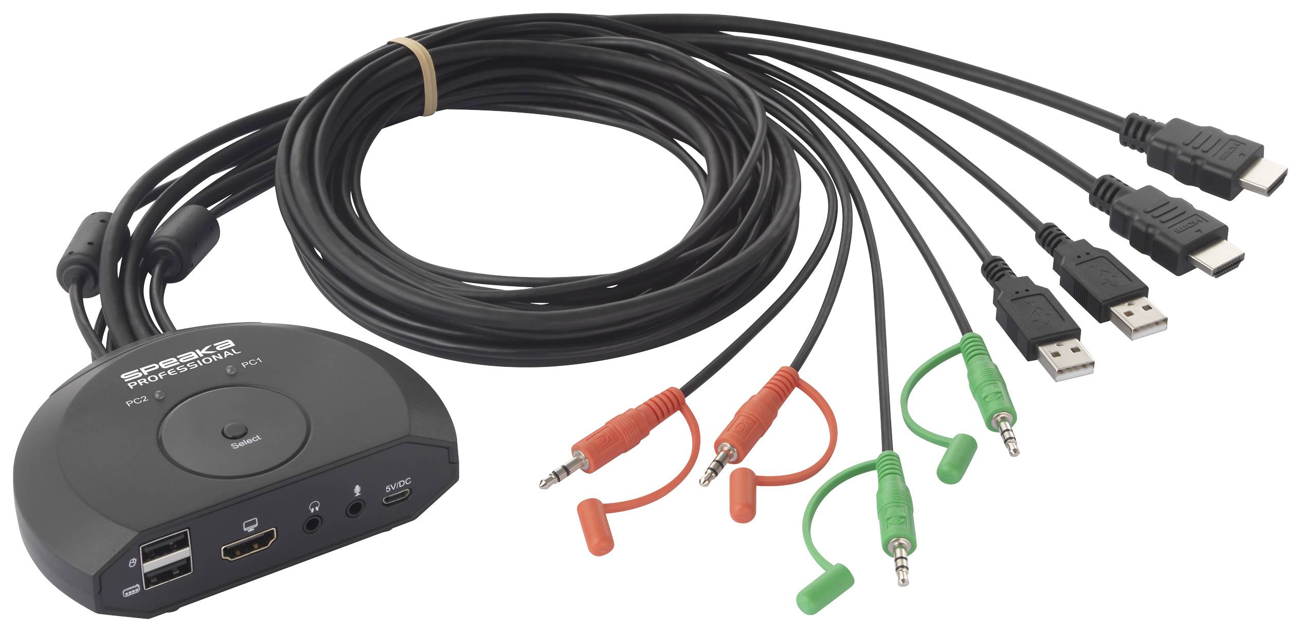 Multifunkční kabelový adaptér s několika HDMI, USB a audio konektory poskytuje konektivitu pro různá zařízení.