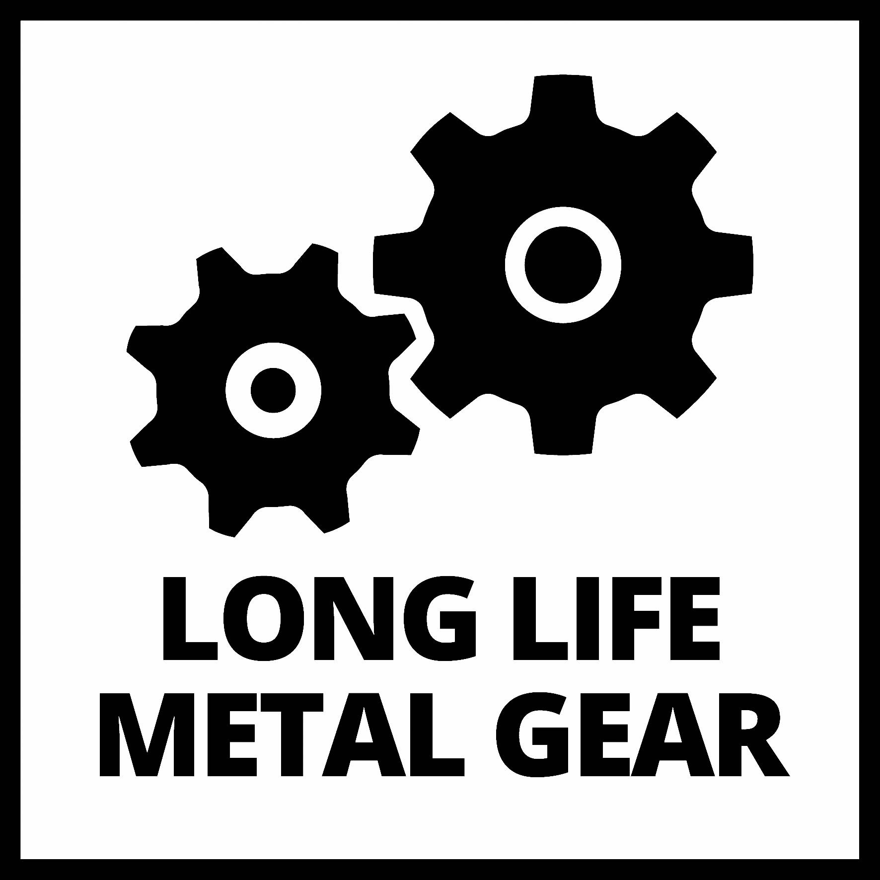 Dvě do sebe zapadající ozubená kola s textem 'LONG LIFE METAL GEAR' symbolizují dlouhověkost a spolehlivost technických komponent.