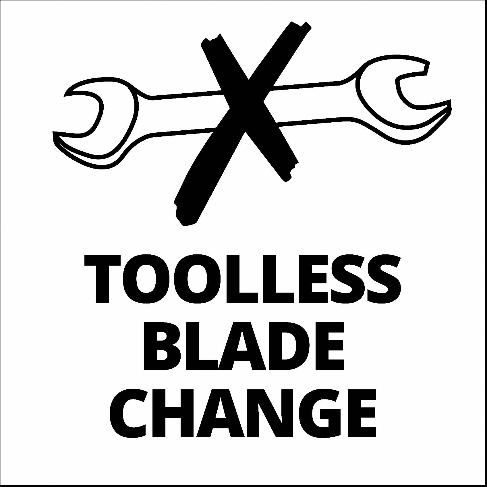 'X' vytvořené z křížících se stranových klíčů. Pod ním nápis 'Toolless Blade Change', což znamená výměnu čepele bez použití nástrojů.