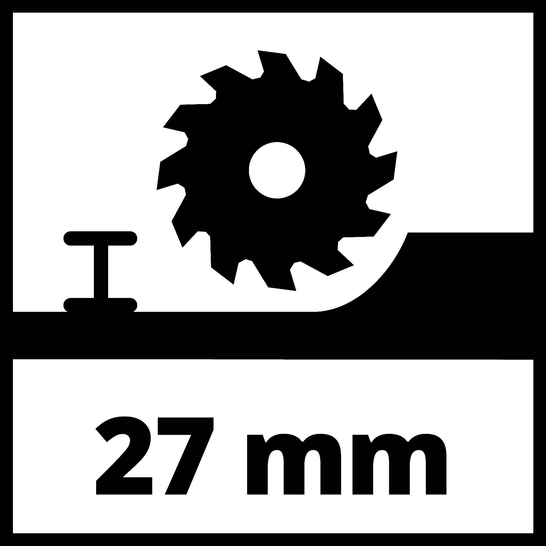 Pilový list se zuby nad lištou a mezerou, pod tím text: 27 mm.