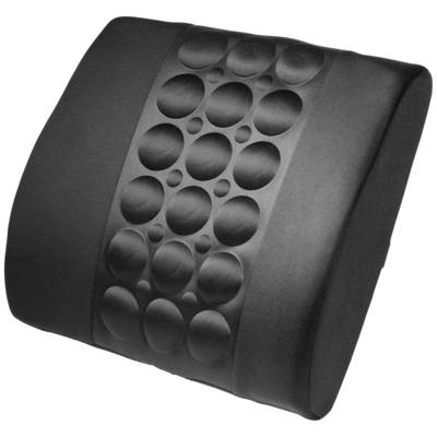 Černý ergonomický polštář na záda s kulatými vyvýšeninami pro podporu bederní páteře. Ideální pro kancelářské židle.