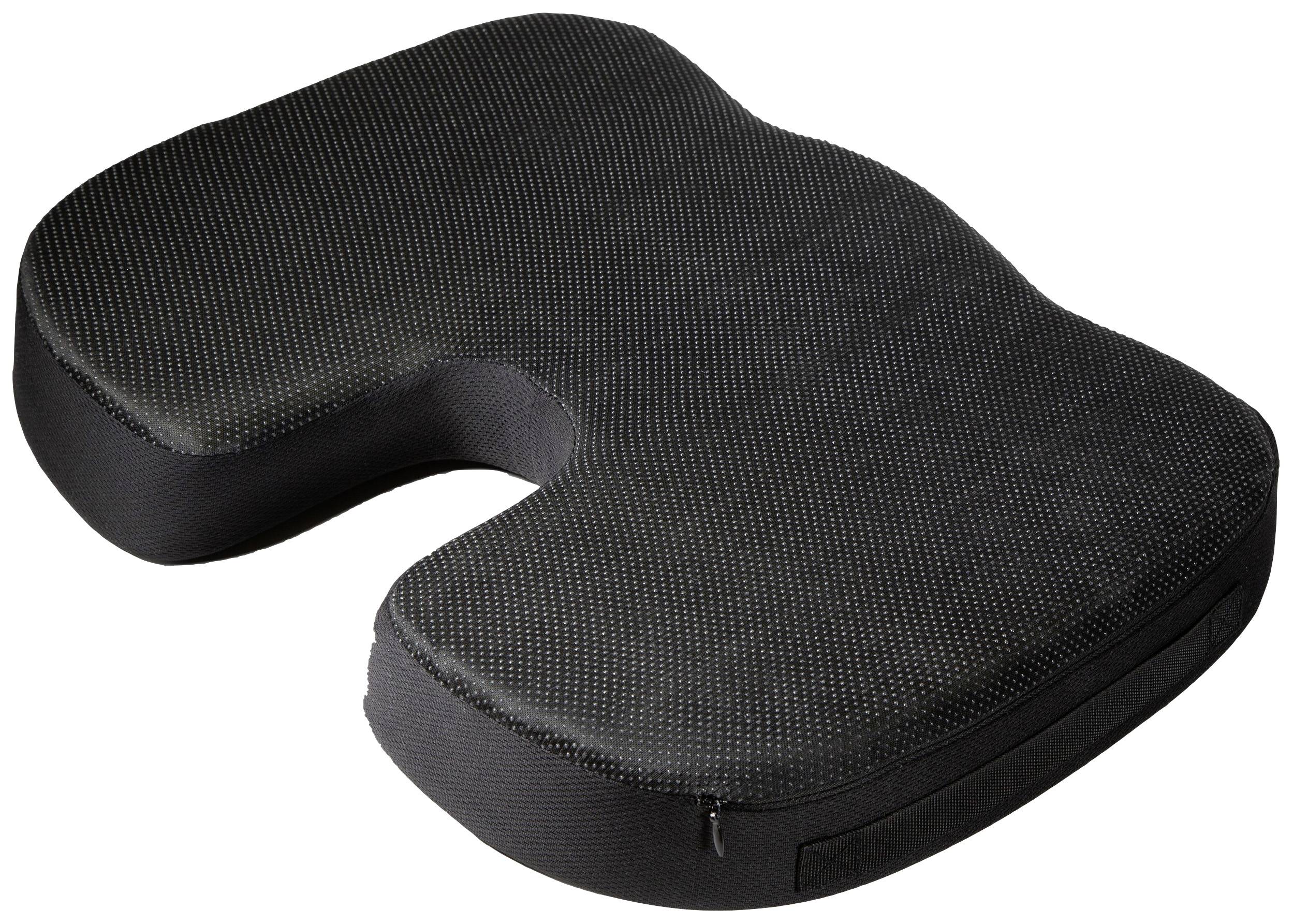 Ergonomický sedací polštář ve tvaru U, černé barvy, slouží ke snížení tlaku a podpoře při delším sezení.